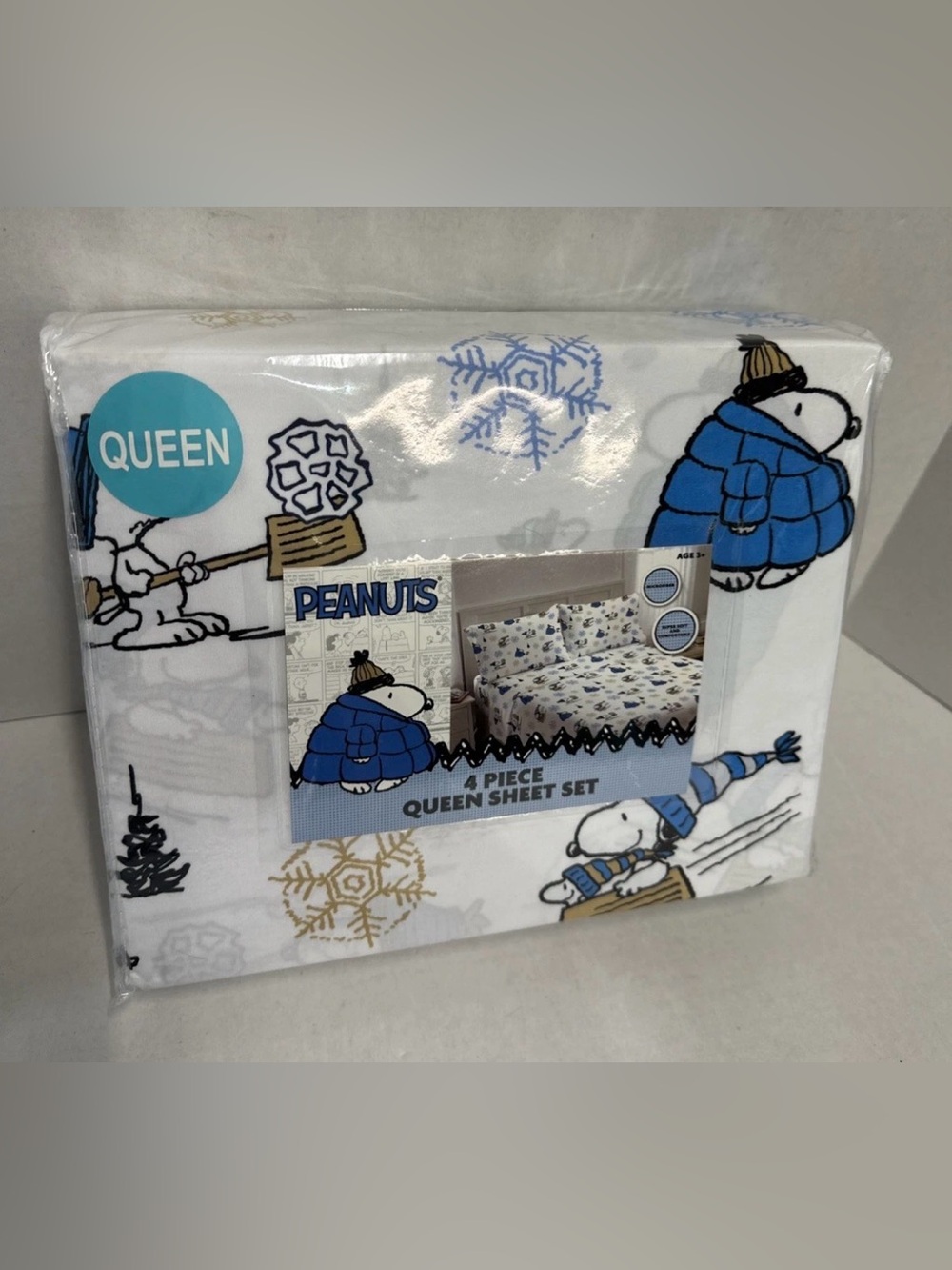 Brand New Peanuts Snoopy Winter Queen Bed Sheets 4 Piece Set Snoopy & Woodstock